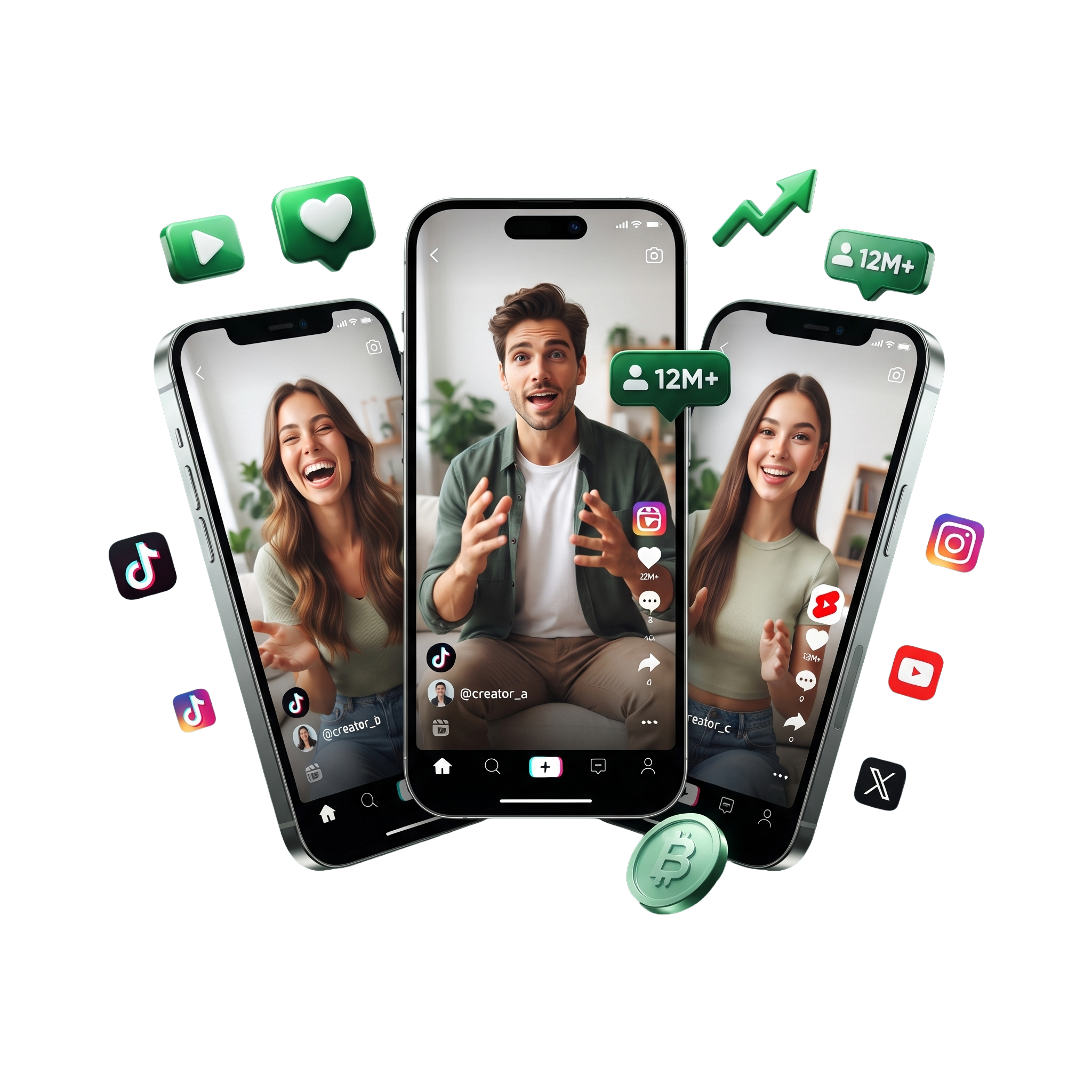 Three smartphones showing short-form crypto clips on TikTok, Reels and Shorts