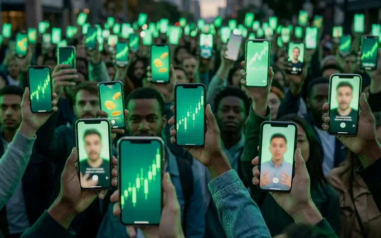 A crowd of phones, every screen playing short-form crypto video