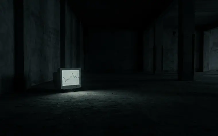 A single screen playing a video alone in a vast empty dark room