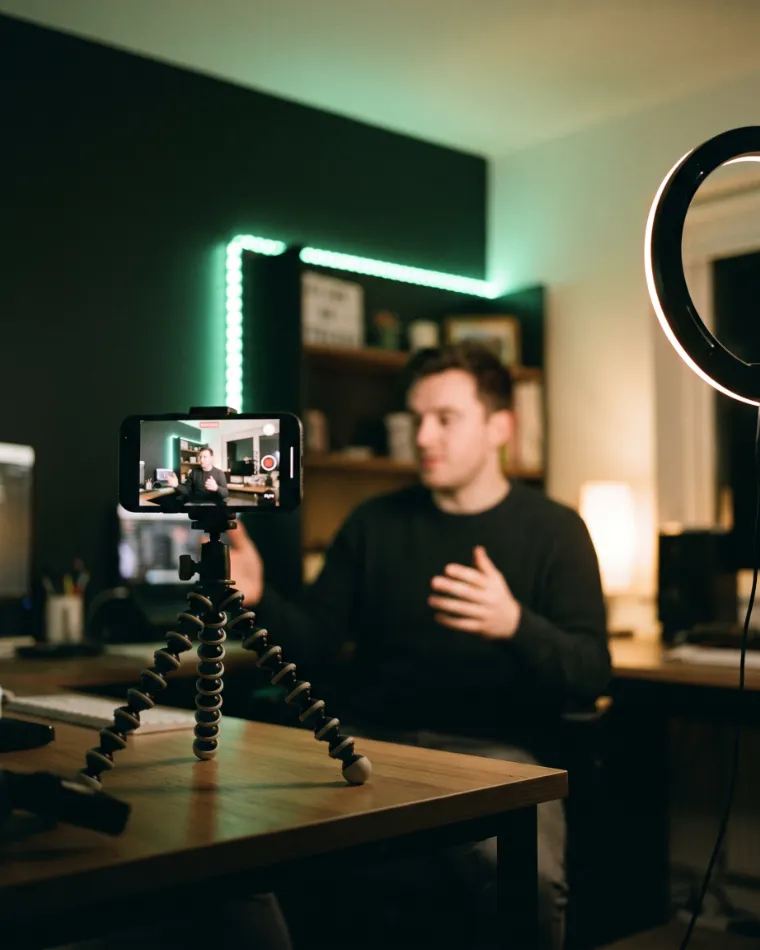 A phone on a tripod filming a founder talking to camera at home