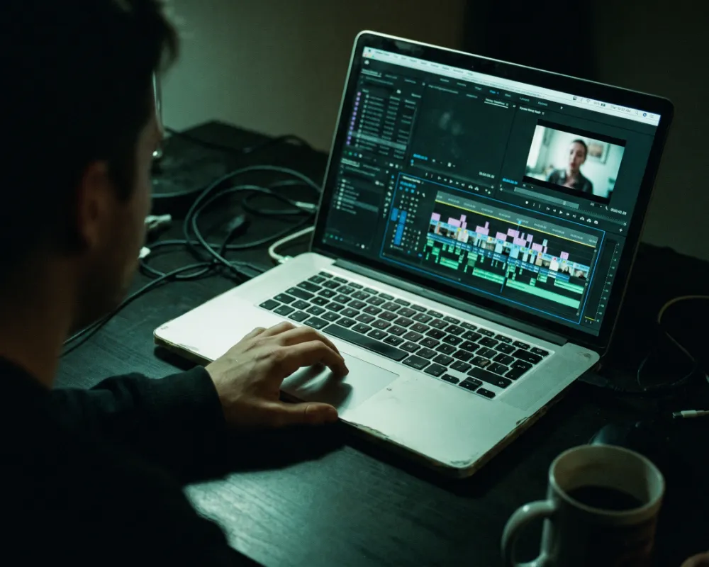 An editing timeline full of short clips cut from one recording