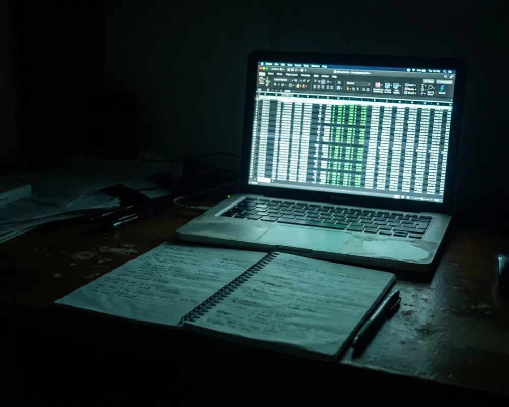 A laptop showing rows of reconciled view data