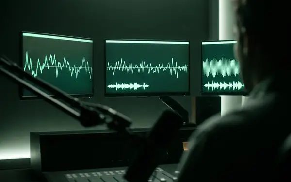 A studio recording in progress: waveform monitors on a desk in a dark control room.