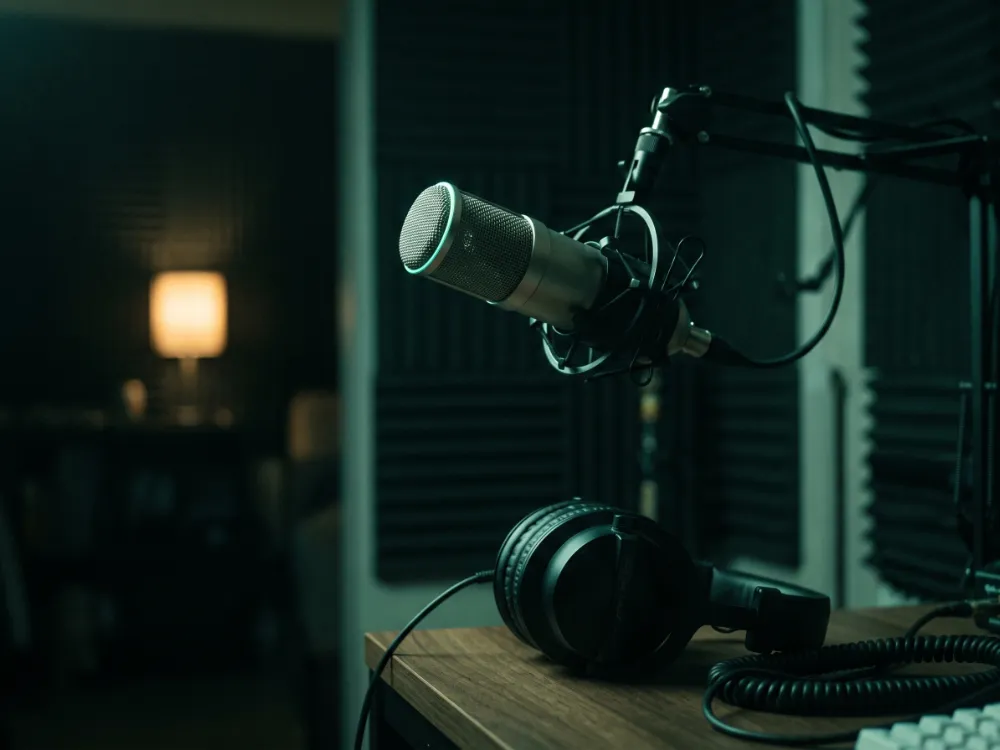 A condenser microphone and headphones in a dark home podcast studio